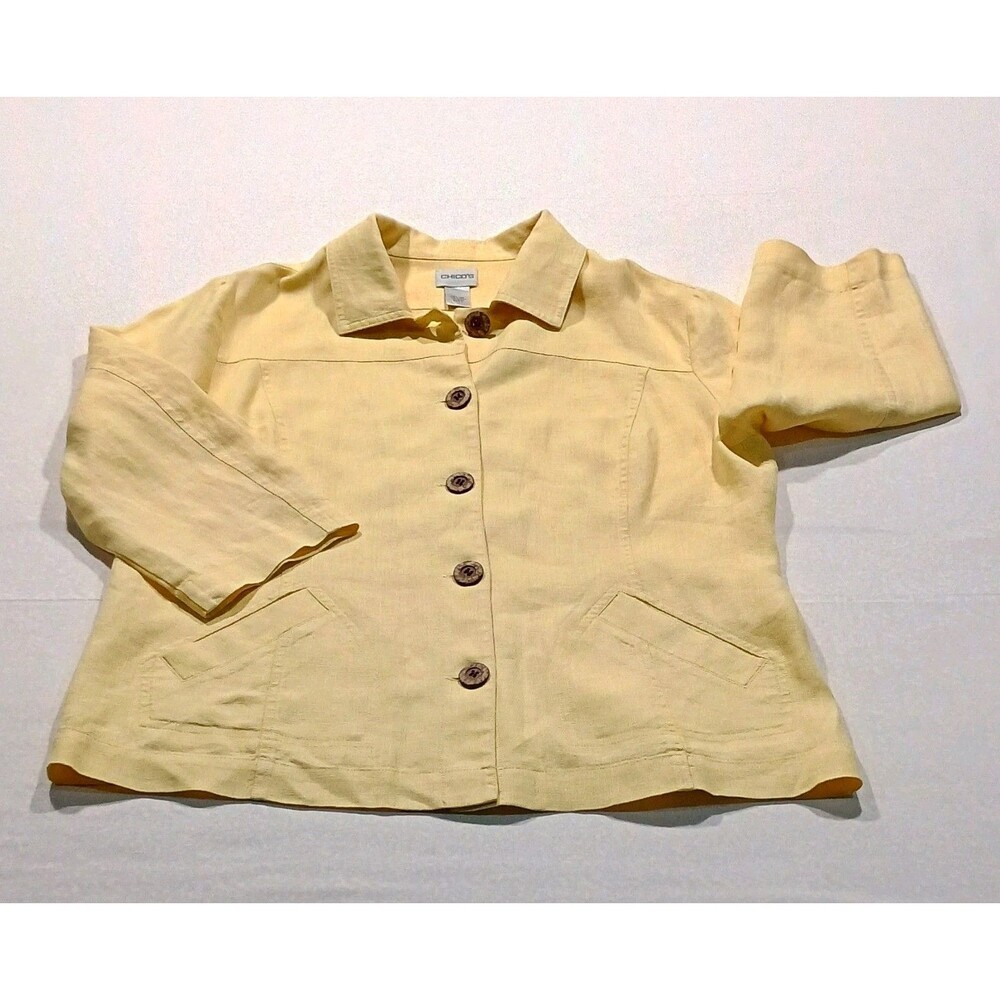 Chico's Yellow 100% Luxury Linen Button Up Shirt Jacket Blouse Size 2 Large